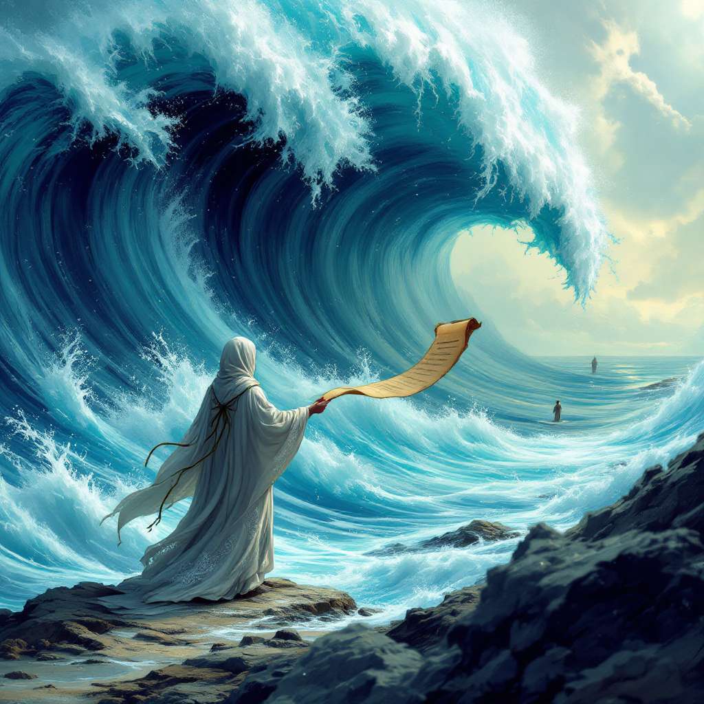 A cloaked figure stands on rocky terrain, holding a scroll as towering waves crash nearby, symbolizing books as messages cast into the sea of time.