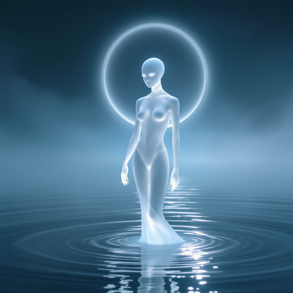 A translucent figure stands in calm water, surrounded by mist, illuminated by a glowing halo. The serene scene embodies the idea of mindful choices and their impact on existence.