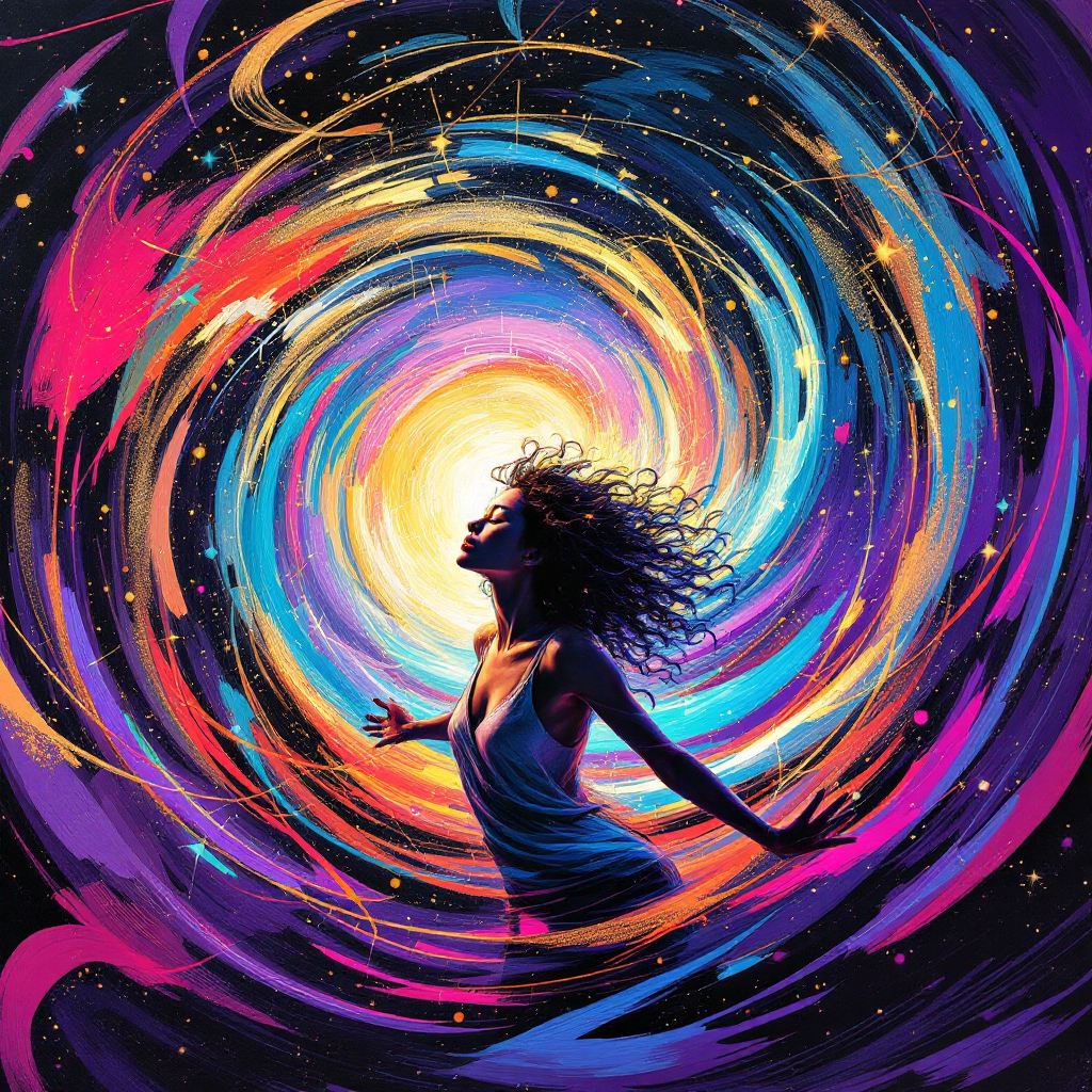 A silhouette of a woman with flowing hair stands in a swirling vortex of vibrant colors, embodying the essence of storytelling over complicated truths.