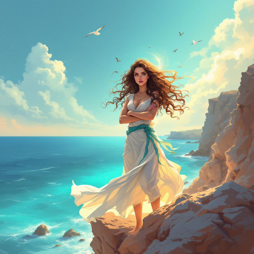 A confident woman stands on a rocky cliff, gazing out at a vibrant ocean under a bright sky, embodying the spirit of choosing her own fate and destiny.