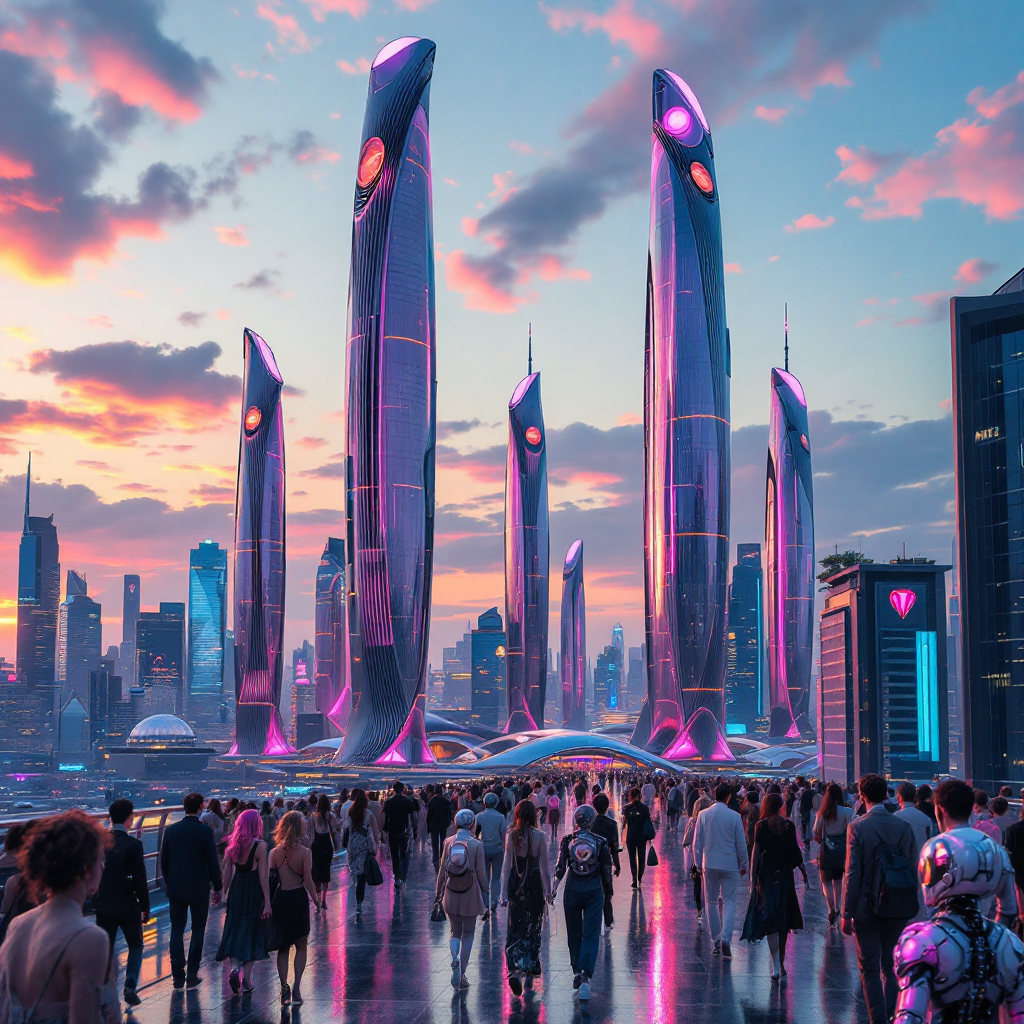 A futuristic cityscape at sunset with sleek, towering structures illuminated in pink and purple. A crowd of diverse people walks along a reflective pathway, embodying a new vision of humanity.