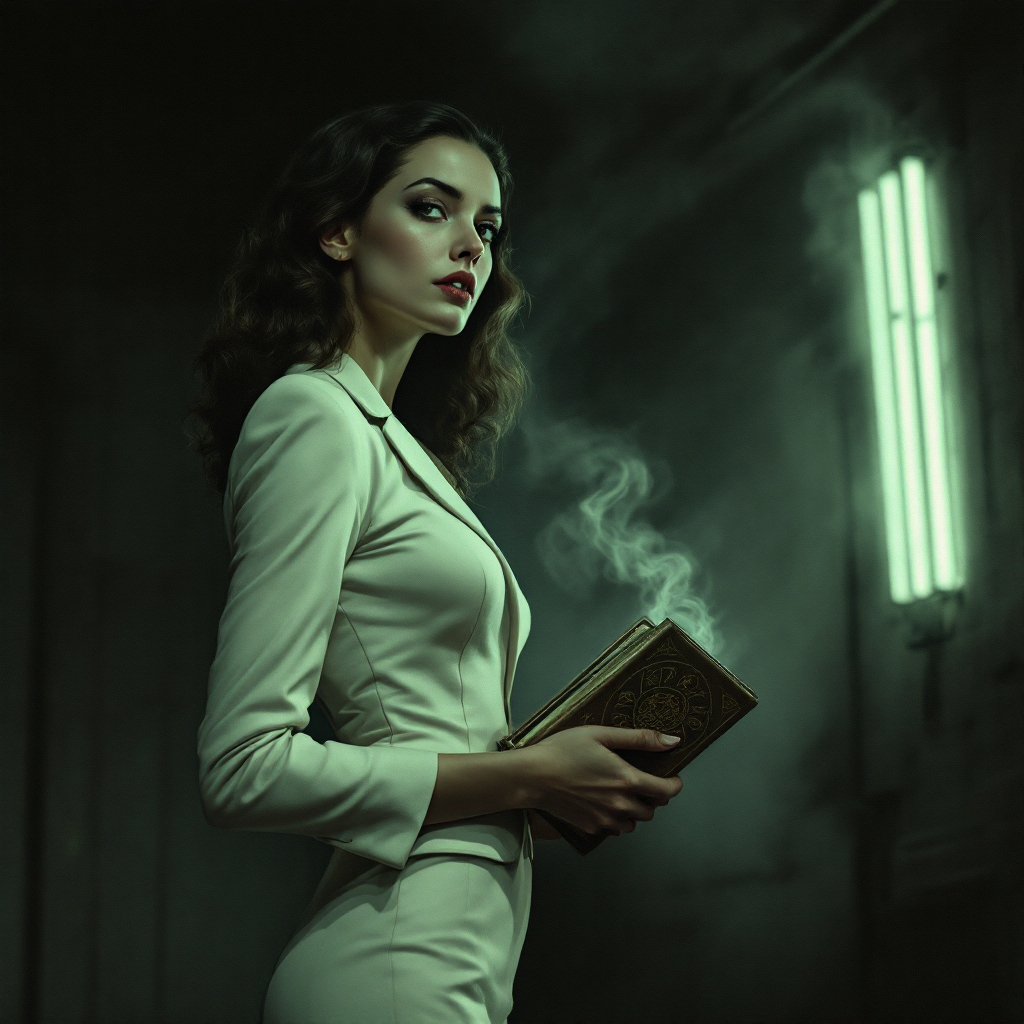 A mysterious woman in a tailored suit holds a book emitting wisps of smoke, set against a dimly lit backdrop with green neon lights, embodying secrets not easily shared.