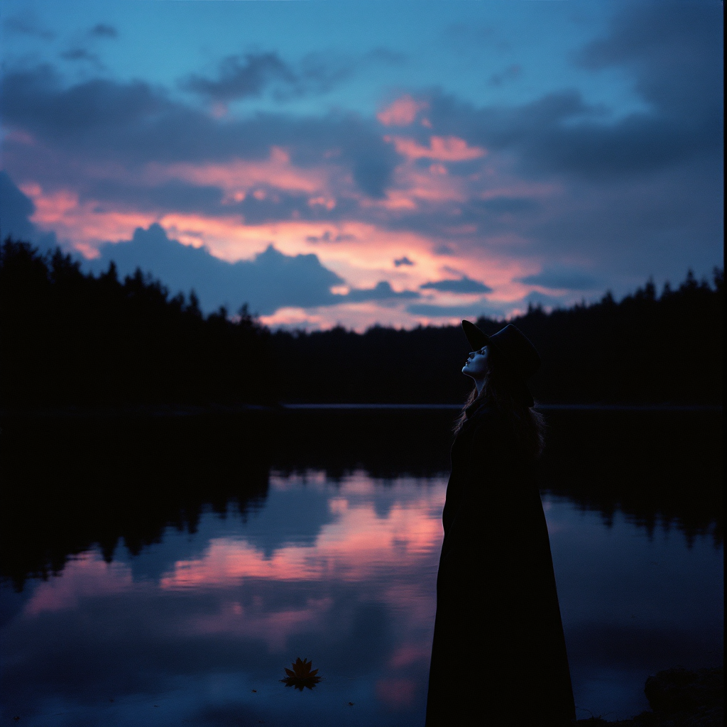 A silhouette of a person in a black coat stands by a tranquil lake at dusk, reflecting a vibrant sky, embodying the quote, The only way to deal with death is to get on with it.