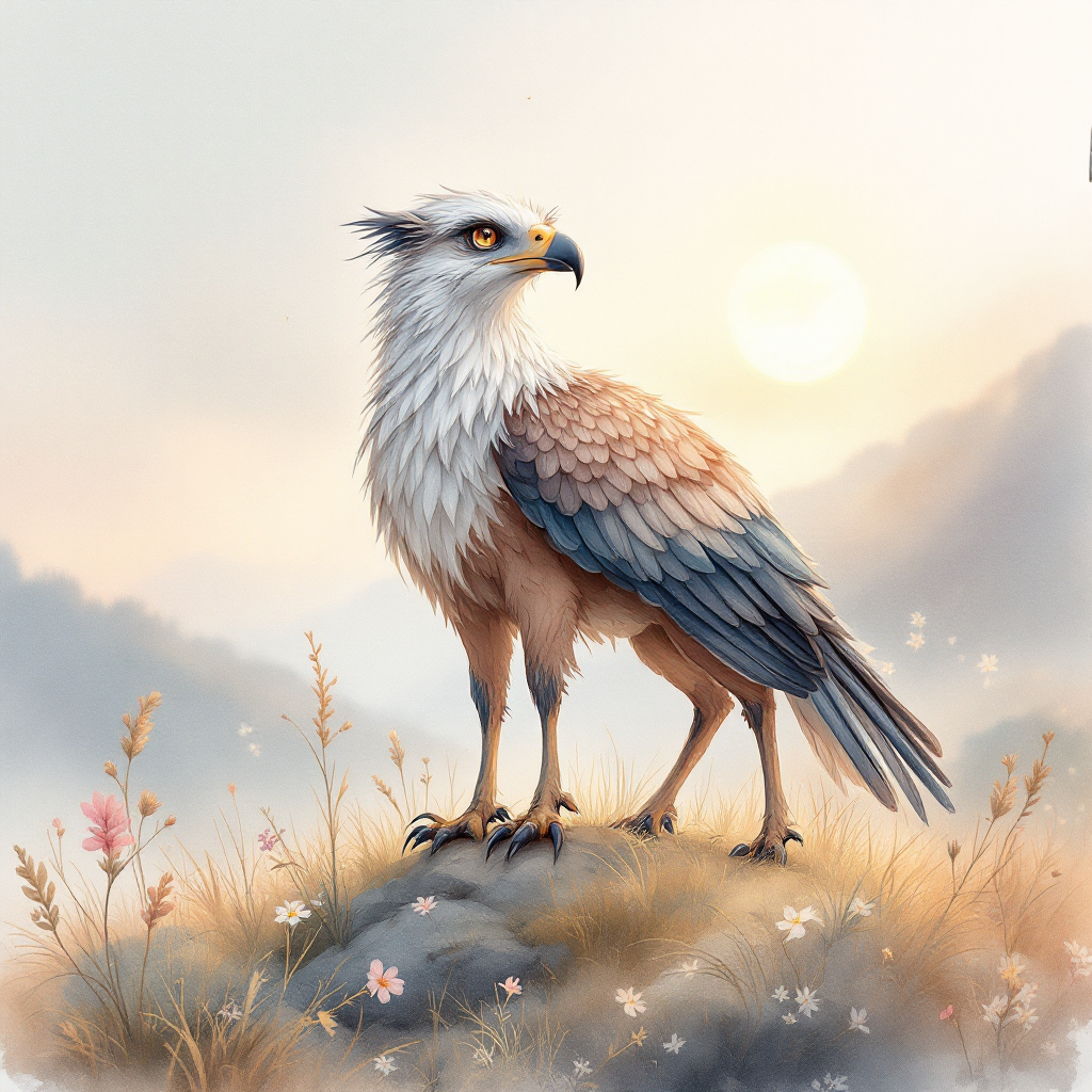 A majestic bird with an elegant plumage stands on a rocky outcrop, bathed in soft sunlight, set against a misty landscape of mountains and wildflowers, embodying the essence of planning and improvisation.