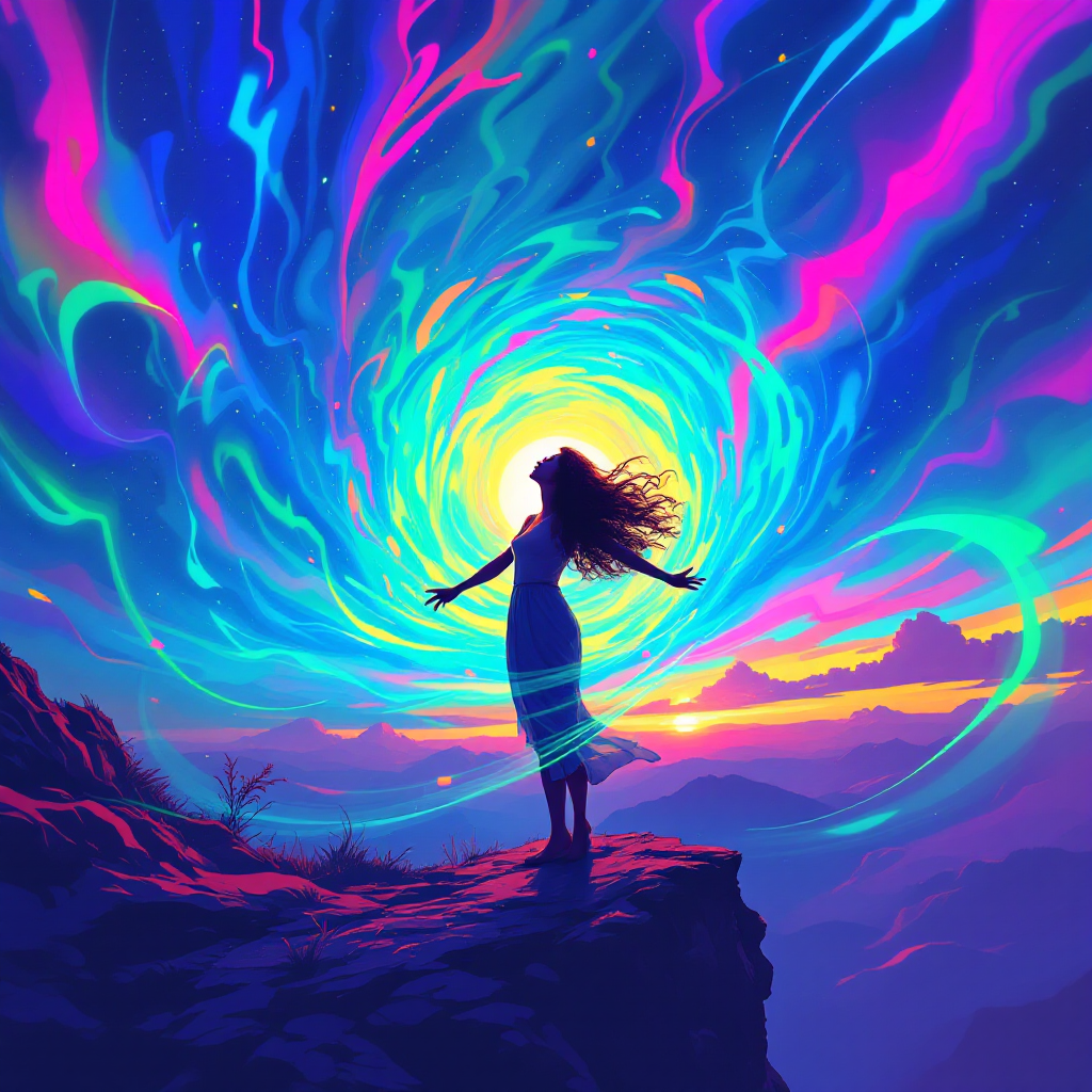 A silhouetted woman stands on a cliff, arms outstretched towards a swirling, colorful vortex above, symbolizing hope and strength amidst a stunning landscape at sunset.