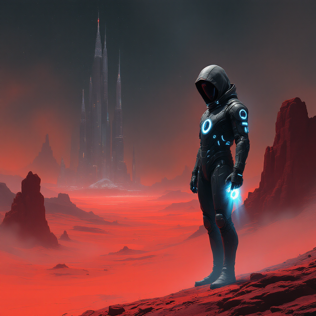 A figure in a futuristic suit stands on a barren red landscape, illuminated by distant spires, reflecting a moment of self-discovery, resonating with the quote, Till this moment, I never knew myself.