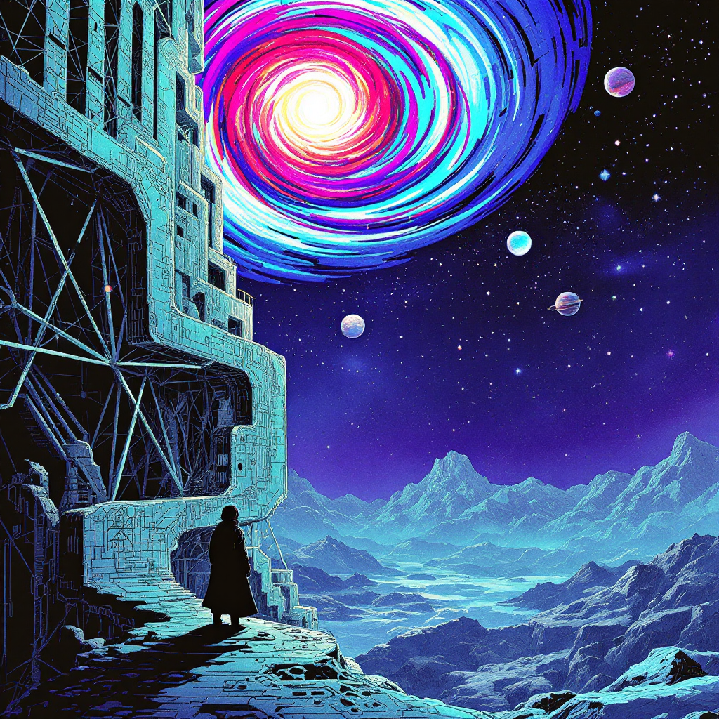 A figure stands on a rocky ledge, gazing at a swirling cosmic vortex in a starry sky, with distant planets and mountain ranges enhancing the sense of mystery and exploration.