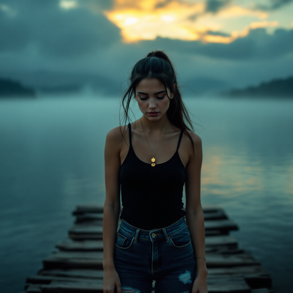 A young woman stands on a wooden dock by a misty lake, gazing downward with a contemplative expression, as the sun sets behind clouds, reflecting uncertainty about her future.