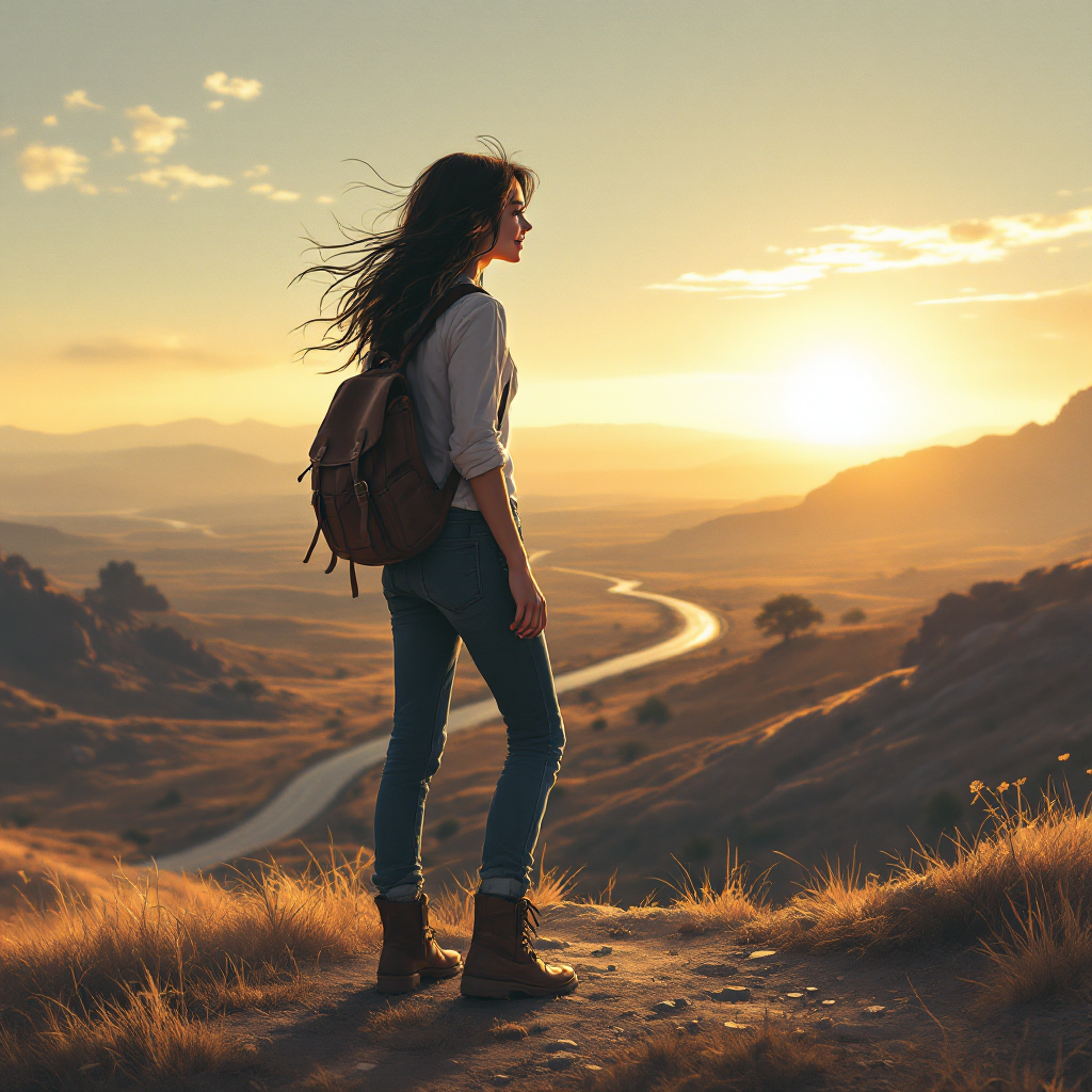 A woman with a backpack stands on a path overlooking a winding road at sunset, embodying the essence of making meaningful choices in serene surroundings.