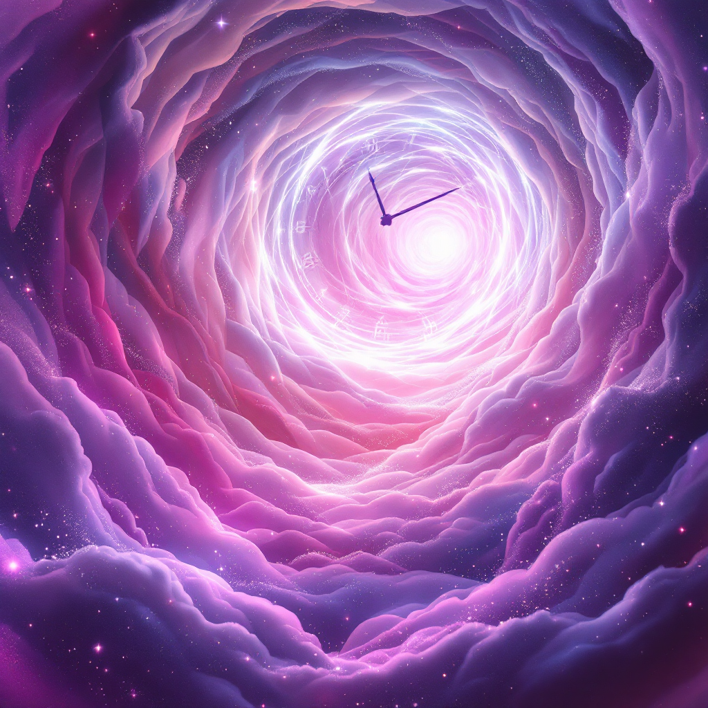 A cosmic swirl of vibrant purples and blues forms a tunnel-like vortex, with a clock at its center, symbolizing the passage of time and the juxtaposition of joy and sadness.