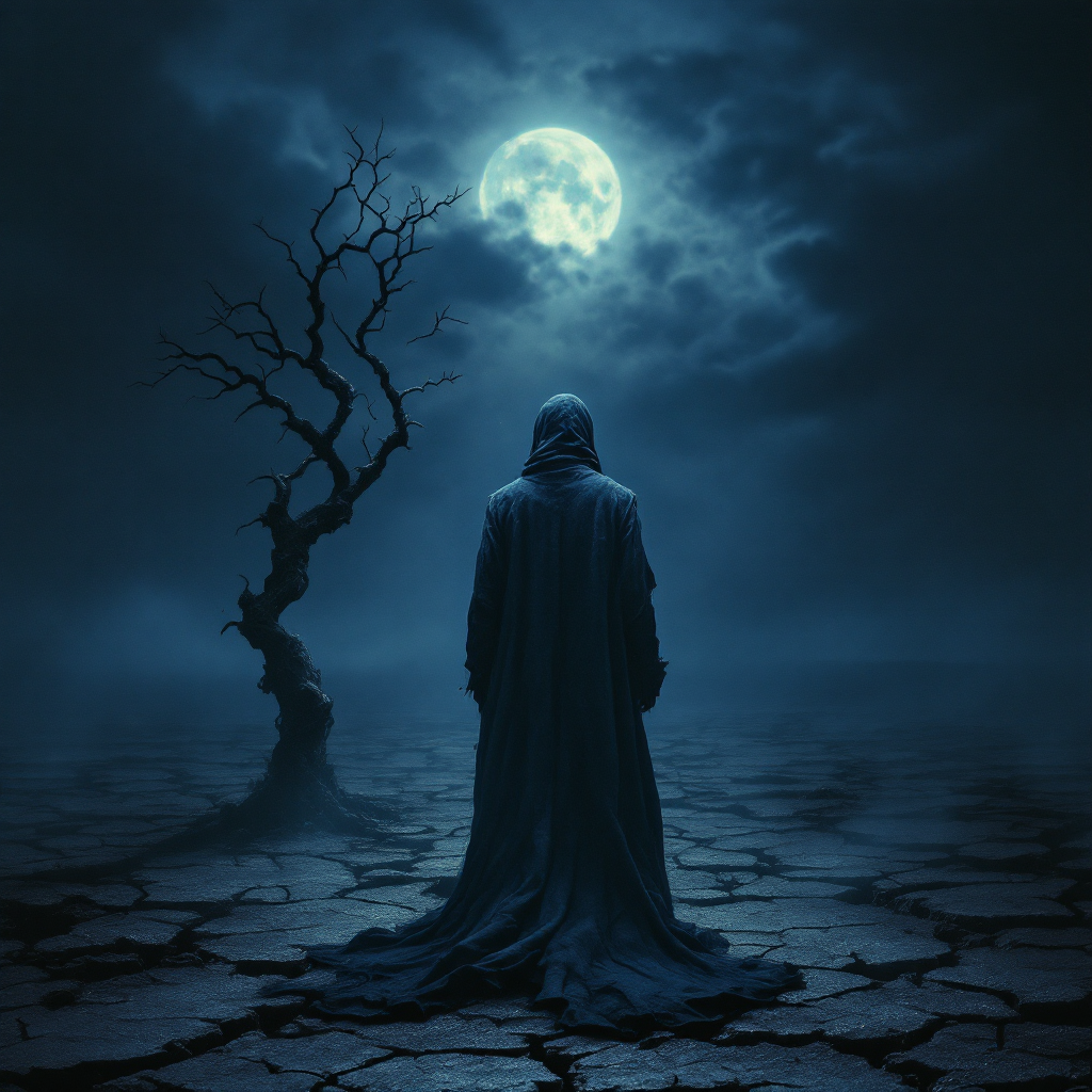 A solitary figure in a dark cloak stands on a cracked landscape, gazing at a full moon, embodying the loneliness that arises from denied acceptance. A withered tree casts an eerie silhouette.