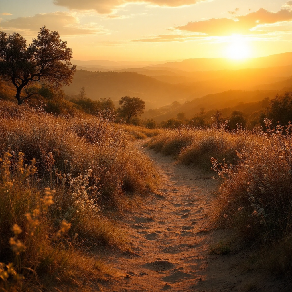 A winding dirt path leads through golden grass and wildflowers, illuminated by a warm sunset, reflecting the idea of viewing truth from multiple angles.