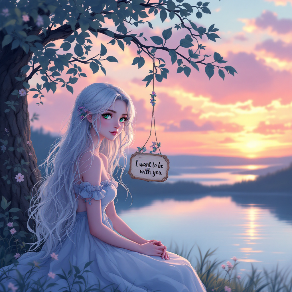 A serene landscape at sunset features a young woman with long silver hair seated by a lake. A wooden sign hangs from a tree, inscribed with the quote, “I want to be with you.”