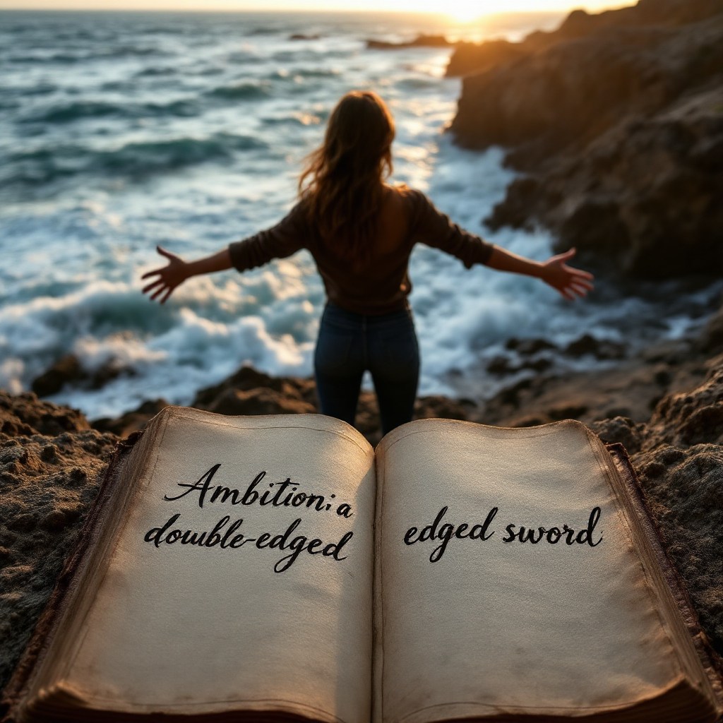 A woman stands on a rocky shoreline, arms outstretched toward the ocean, as an open book with the quote Ambition: a double-edged sword rests in front of her, bathed in sunset light.