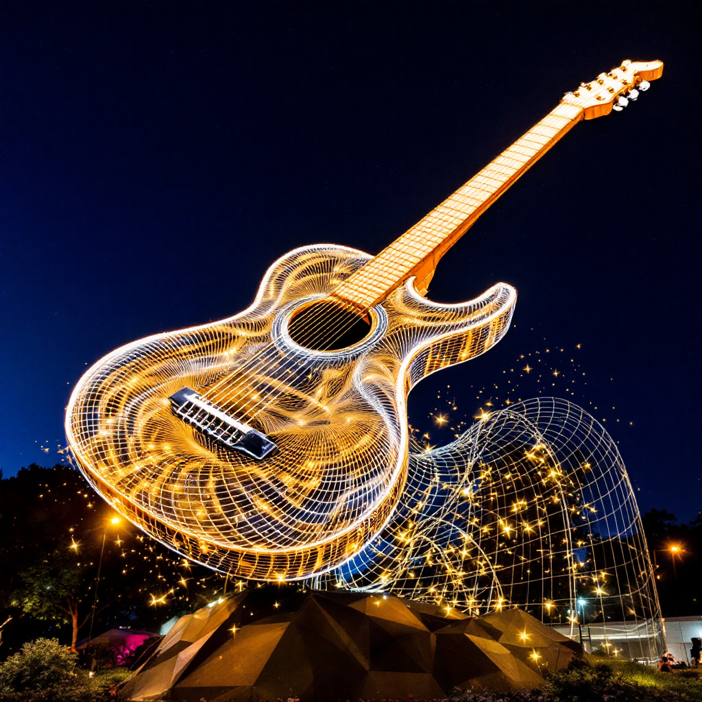 An illuminated acoustic guitar floats above a geometric base, surrounded by shimmering light trails, embodying the essence of music's freedom as expressed in the quote.