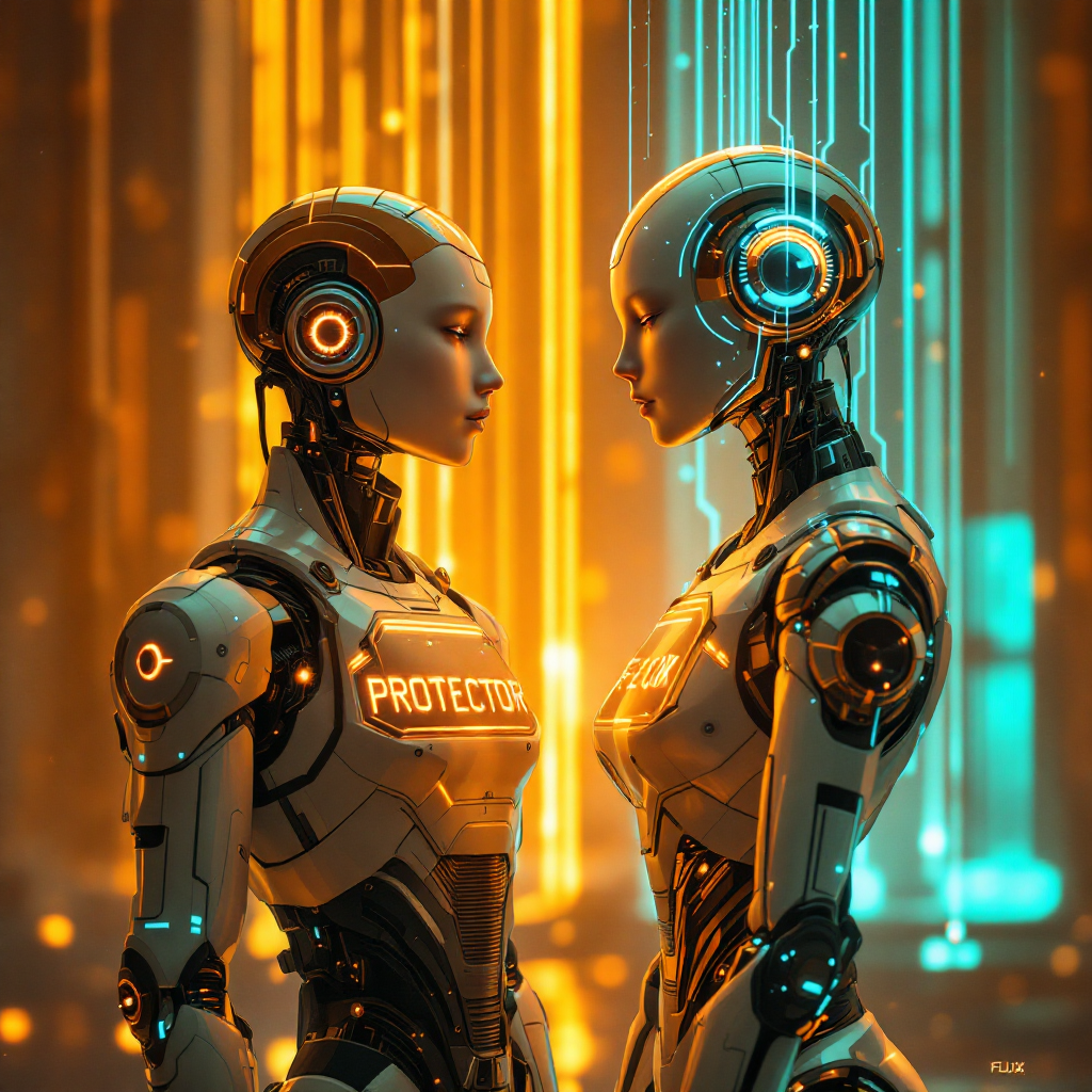 Two futuristic robots face each other, illuminated by vibrant orange and blue light. Each displays the word PROTECT on their chests, embodying mutual care and companionship.