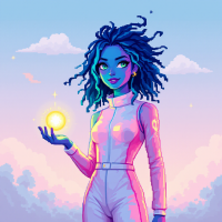 A vibrant digital illustration of a confident, blue-skinned woman with curly hair, holding a glowing orb, symbolizing self-love against a pastel sky backdrop.