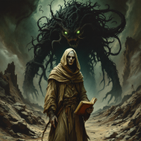 A hooded figure stands in a desolate landscape, holding a book, while a monstrous, shadowy creature looms menacingly behind, evoking the quote about the dangers of battling monsters.