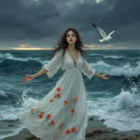 A woman in a flowy white dress adorned with flowers stands at the edge of a rocky shore, arms outstretched to the turbulent sea beneath a dramatic, cloudy sky. A seagull soars above her.