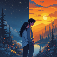 A serene image split between a starry night and a vibrant sunset, depicting a couple embracing, reflecting the quote about love revealing who we want to be and war revealing who we are.