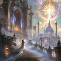 A figure in a flowing gown ascends grand stairs towards a luminous orb above majestic, ethereal architecture, embodying the idea that the future is crafted by our actions.