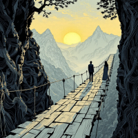 A pair of silhouetted figures stand on a narrow, wooden bridge between rocky cliffs, with a serene sunset illuminating the mountainous landscape, symbolizing fragile trust built on shared experiences.