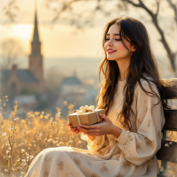 A woman in a flowing beige dress sits on a bench, holding a beautifully wrapped gift. In the background, a serene sunset enhances the atmosphere, reflecting on the quote about moments as gifts.