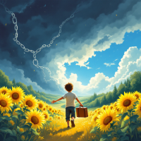 A young boy walks through a vibrant field of sunflowers, carrying a suitcase, as chains break apart in the sky, symbolizing overcoming the past and embracing a hopeful future.