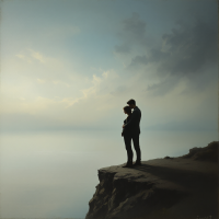 A couple embraces on a cliff, silhouetted against a serene sky and calm sea, capturing the poignant essence of a relationship that recognizes the pain of separation.