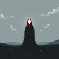 A dark, towering figure with a white mask and glowing red detail stands alone in a desolate landscape under a gray sky, embodying the quote about unexpected darkness in life.