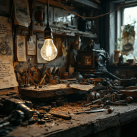 A dimly lit workshop cluttered with tools and papers, showcasing signs of creation and destruction, reflecting the quote about how destruction reveals more about us than creation.