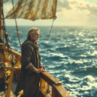 An older man stands at the helm of a ship, gazing thoughtfully at tumultuous seas under a glowing sky, embodying the struggle against fear and truth.