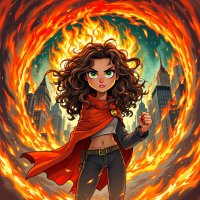 A determined girl with curly hair and striking green eyes stands confidently in front of a fiery backdrop, embodying the quote, Fire is catching! And if we burn, you burn with us!