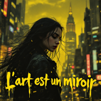 A young woman stands in a vibrant cityscape, illuminated by yellow hues, reflecting deep emotion. The text L'art est un miroir underscores the connection between art and self.