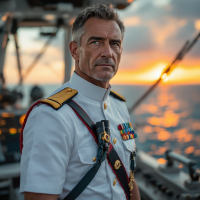 A confident naval captain stands on deck, gazing contemplatively at a vibrant sunset reflecting on the water, embodying the balance between negotiation and combat.