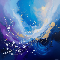 An abstract painting with swirling shades of blue, purple, and gold, featuring scattered white dots, evokes the lyrical essence of music and the art of a musician's expression.