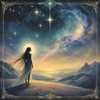 A silhouette of a figure in a flowing garment stands on a serene landscape, gazing at a starry sky and swirling galaxy, reflecting on the depths of existence and understanding.