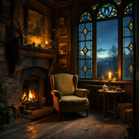 A cozy room features a glowing fireplace, an inviting armchair, and candles illuminating the rich decor, reflecting the somber theme of lives intertwined in ruin.