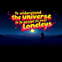 A silhouette of a person gazes at a starry night sky with mountains in the background, accompanied by the quote: To understand the universe is to accept its vast Loneliness.