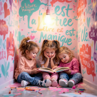 Three children sit together on the floor, engrossed in a book. Colorful murals with uplifting quotes about reading decorate the walls around them, creating a cozy, inviting atmosphere.