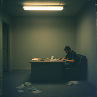 A contemplative man sits at a desk in a dimly lit room, surrounded by scattered papers, embodying the quote, The truth is rarely black and white.