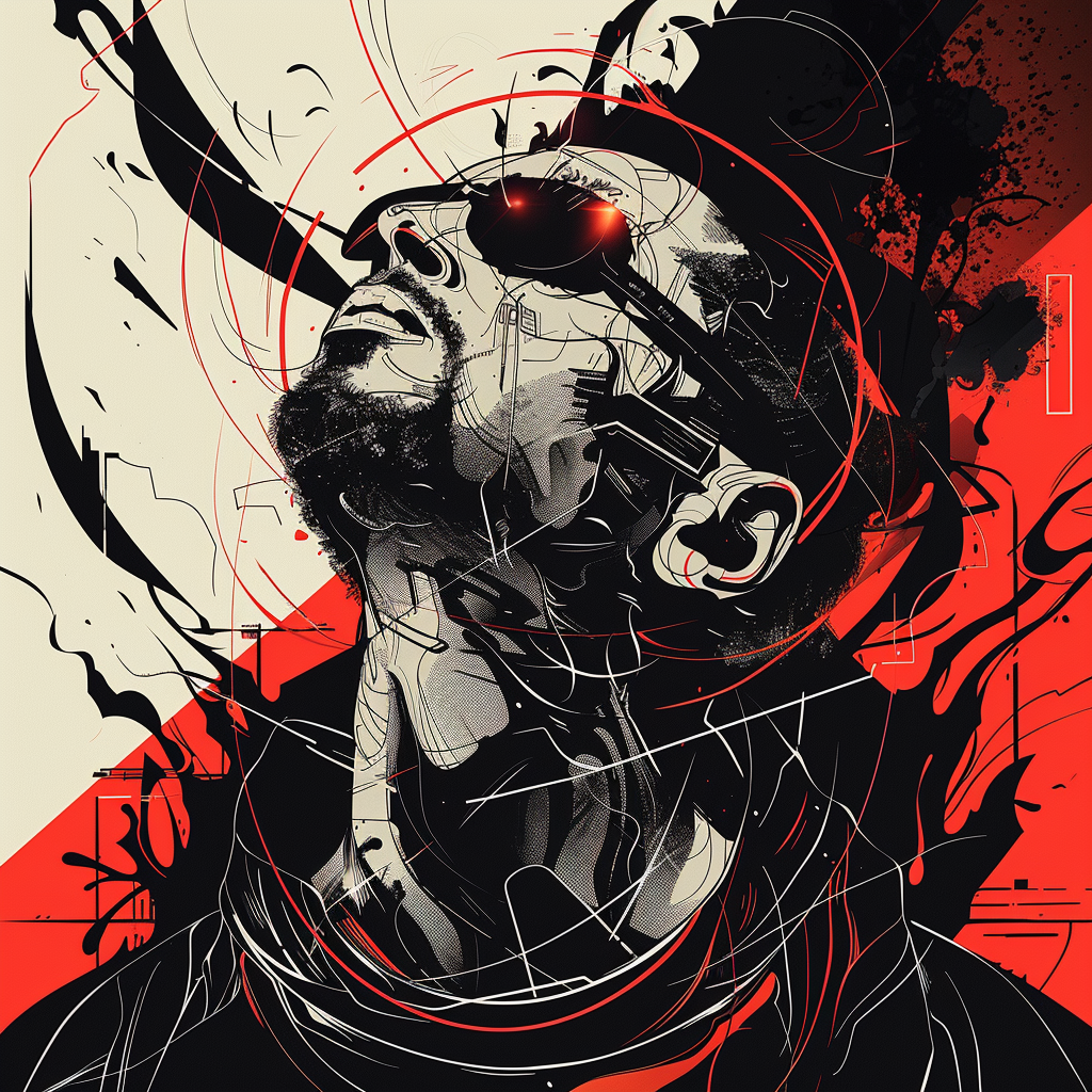 A stylized, abstract portrait shows a man with sunglasses looking up, surrounded by swirling red and black lines. The image reflects the quote: I didn’t switch sides. I stopped playing.