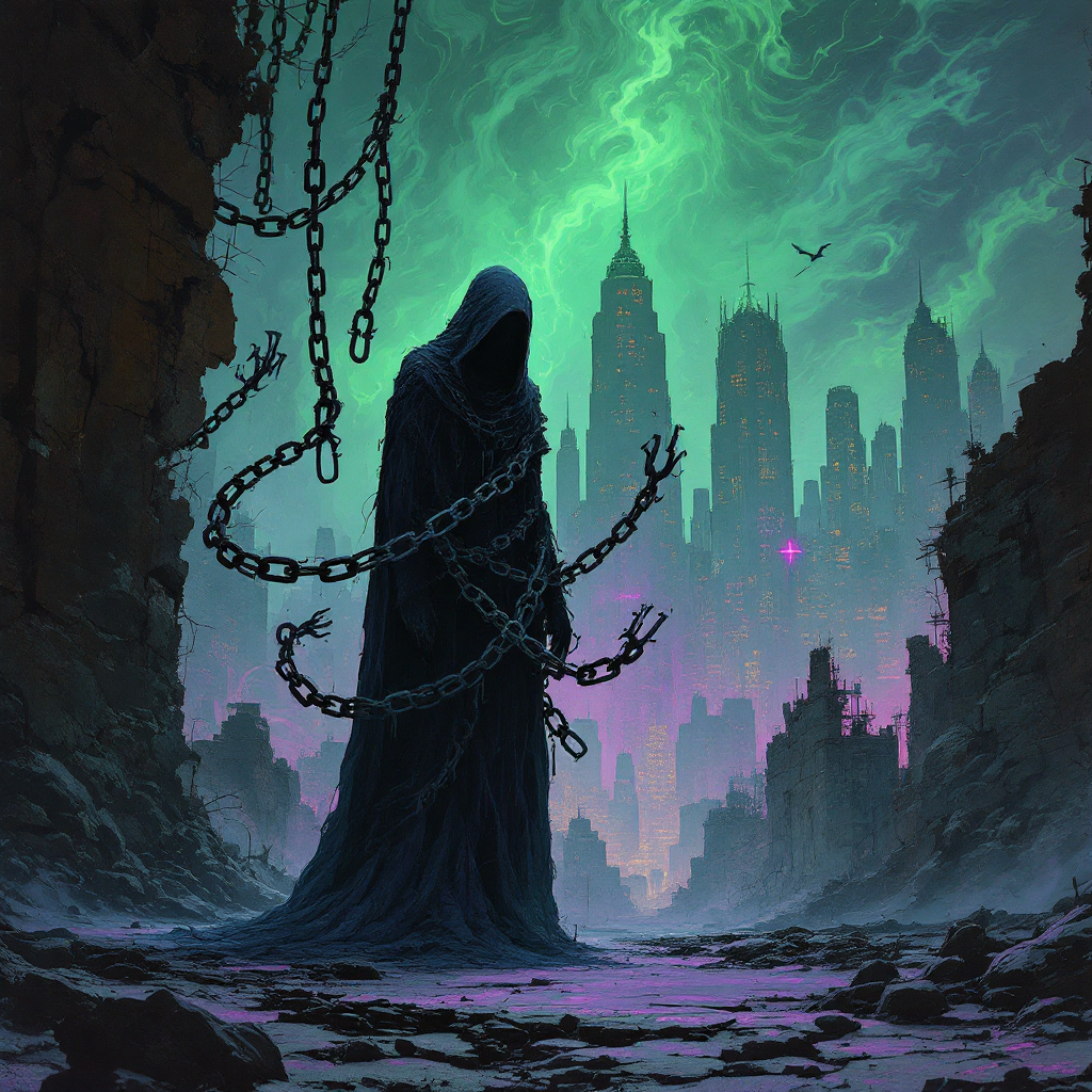 A shadowy figure draped in dark robes stands amidst a desolate, futuristic cityscape, bound by chains, evoking the haunting struggle between truth and freedom.