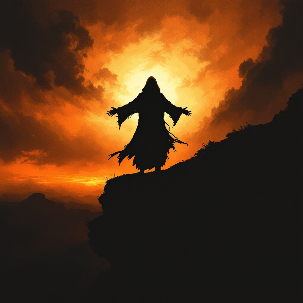 A silhouette of a figure in a flowing robe stands on the edge of a cliff, arms outstretched against a dramatic sunset backdrop of fiery orange and dark clouds, embodying resilience in crisis.