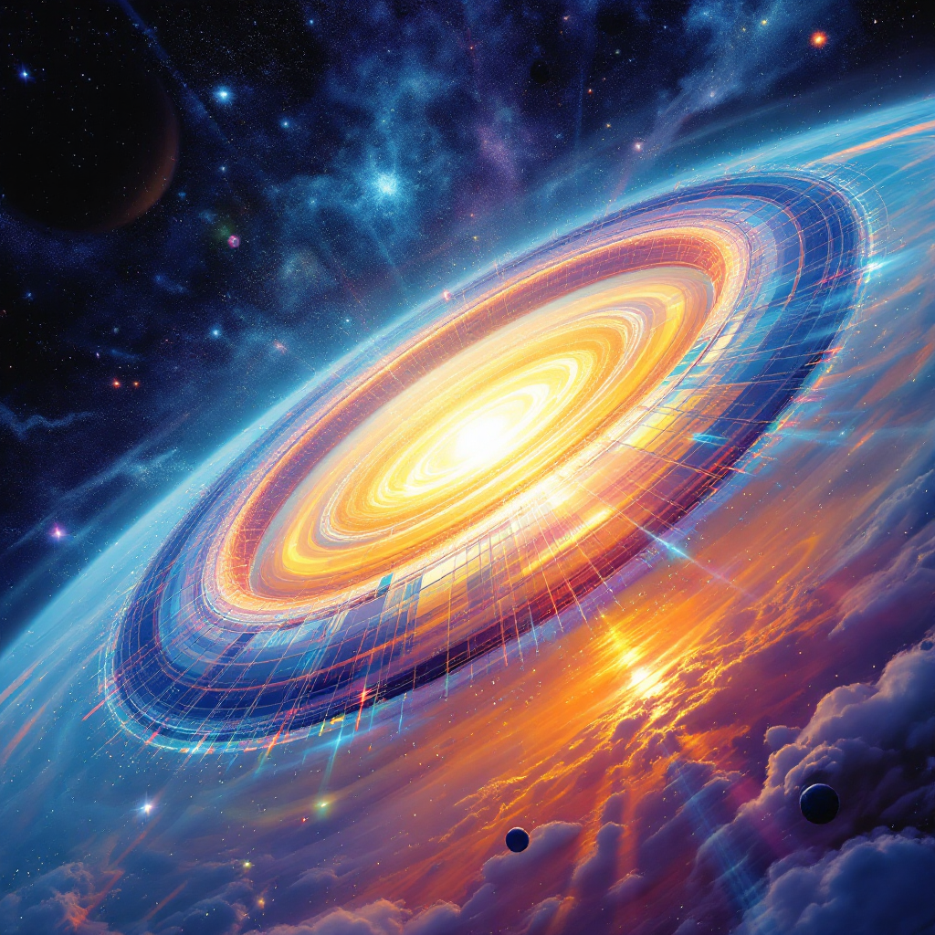 A vibrant cosmic scene depicting a radiant ring-like structure illuminated by a brilliant sun, surrounded by deep space and swirling clouds, embodying the shaping of realities through perception.