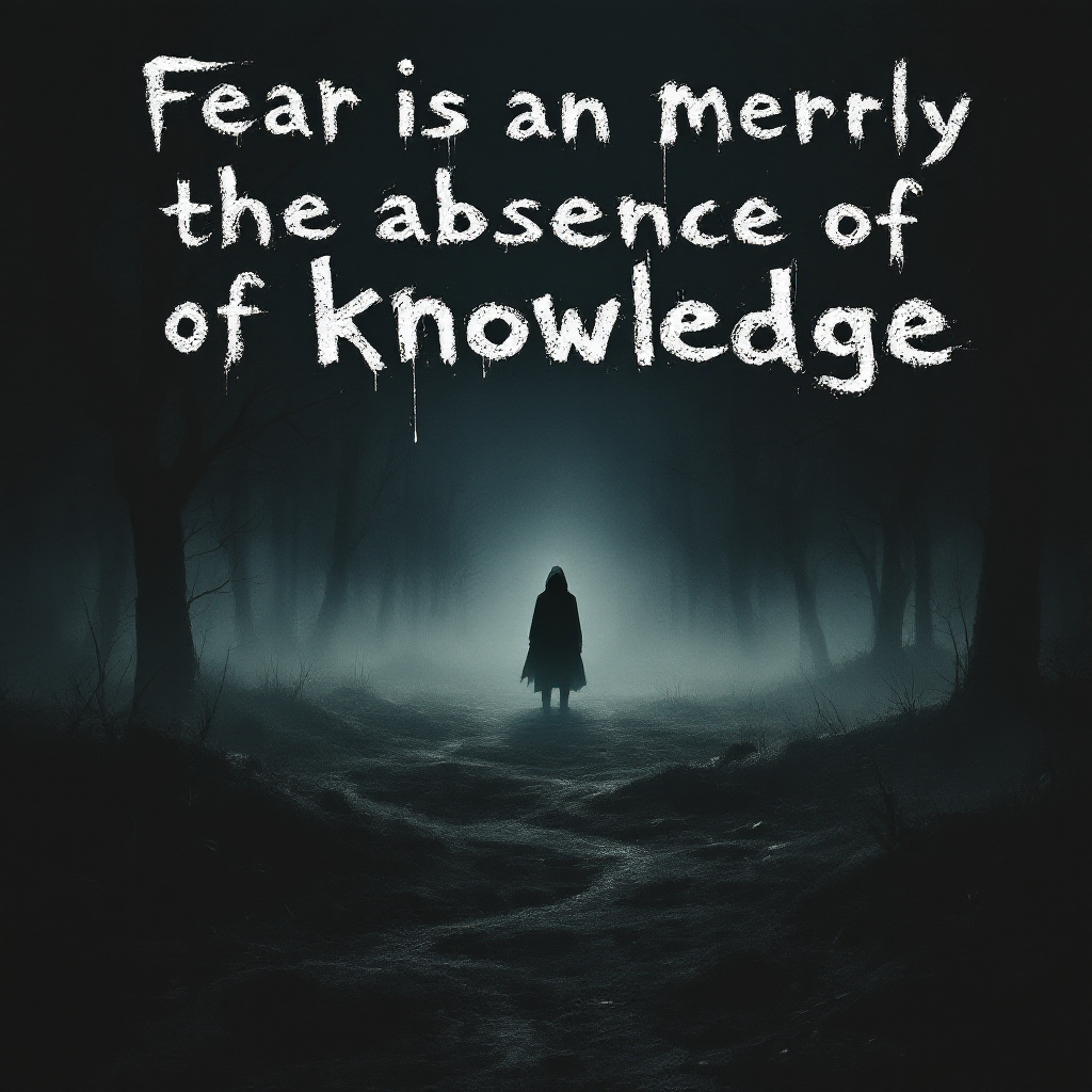 A solitary figure stands in a dark, foggy forest, illuminated by a faint light. The quote “Fear is merely the absence of knowledge” is prominently displayed above.