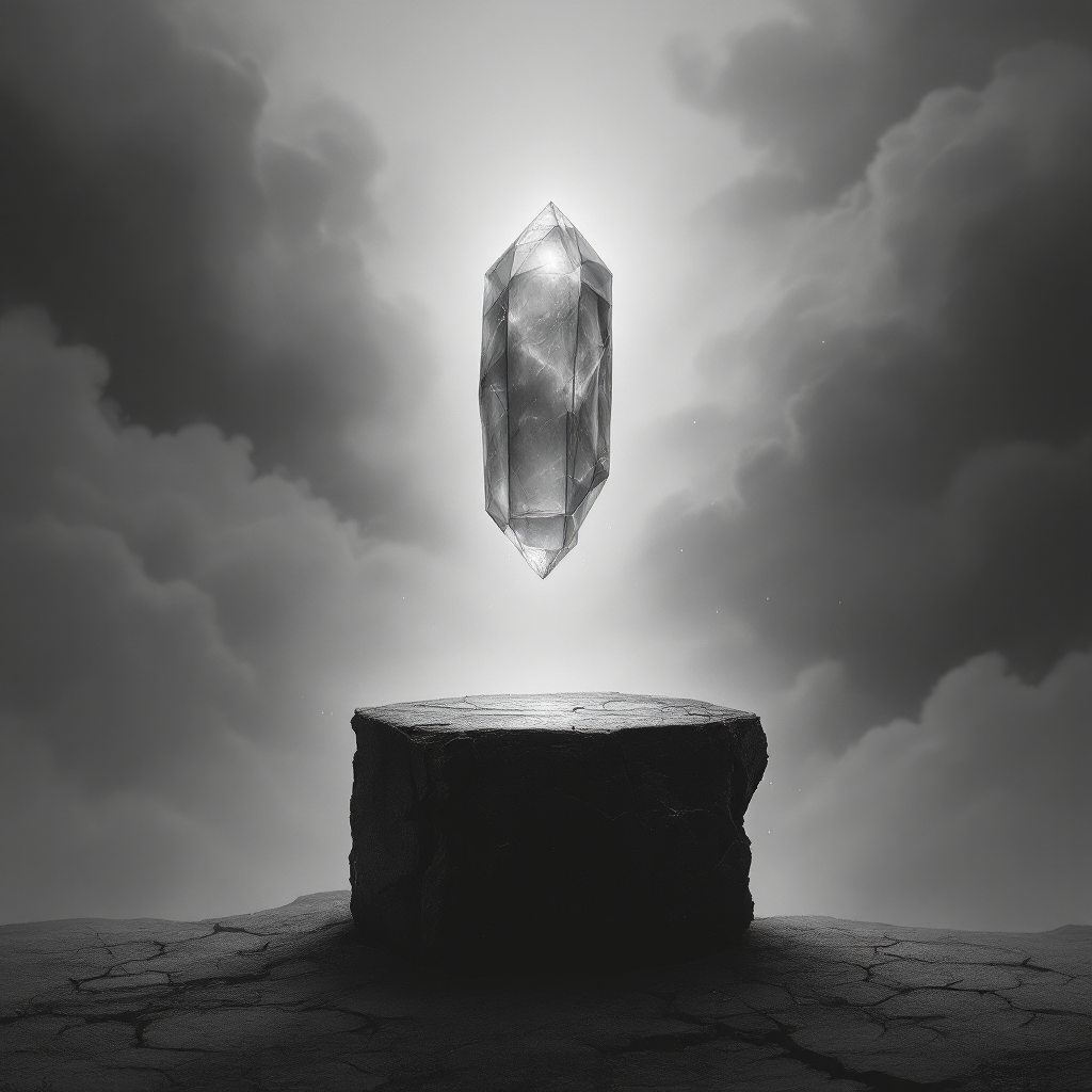 A luminous crystal hovers above a cracked, dark pedestal, surrounded by dramatic, swirling clouds, embodying the fragility of trust.