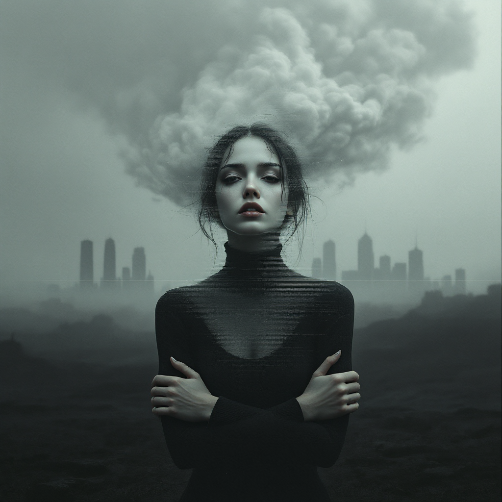 A young woman stands with her arms crossed, gazing at the viewer. Dark clouds loom above a distant skyline, evoking a sense of fear and resilience, reflecting the quote about overcoming fear.