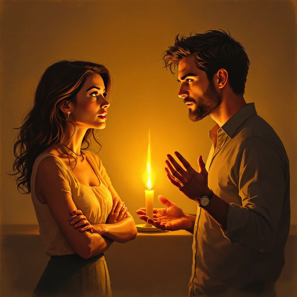 A man and woman are engaged in an intense conversation illuminated by a candle's glow, embodying the theme of embracing vulnerability in dialogue.