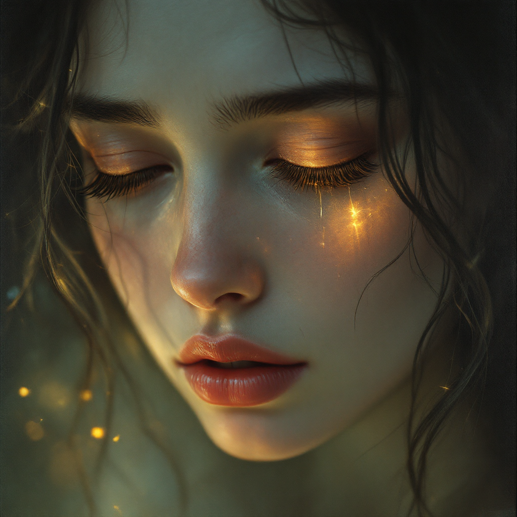 A close-up of a young woman with expressive features, her eyes closed and shimmering with tears. Soft light glimmers around her, embodying the bittersweet essence of hope and desire.